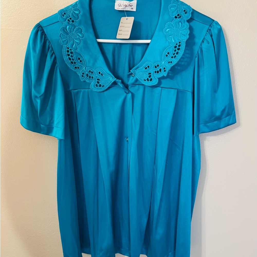Vanity Fair Blue Pajama Top with Floral Embroidery